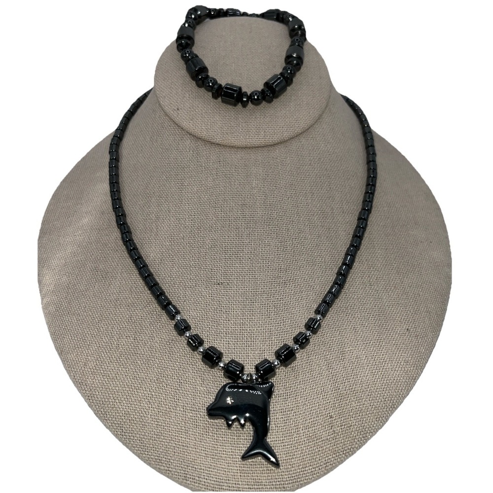 Hematite Necklace‎ Set Magnetic Dolphin And Bracelet Mirror Polish Dark Academia